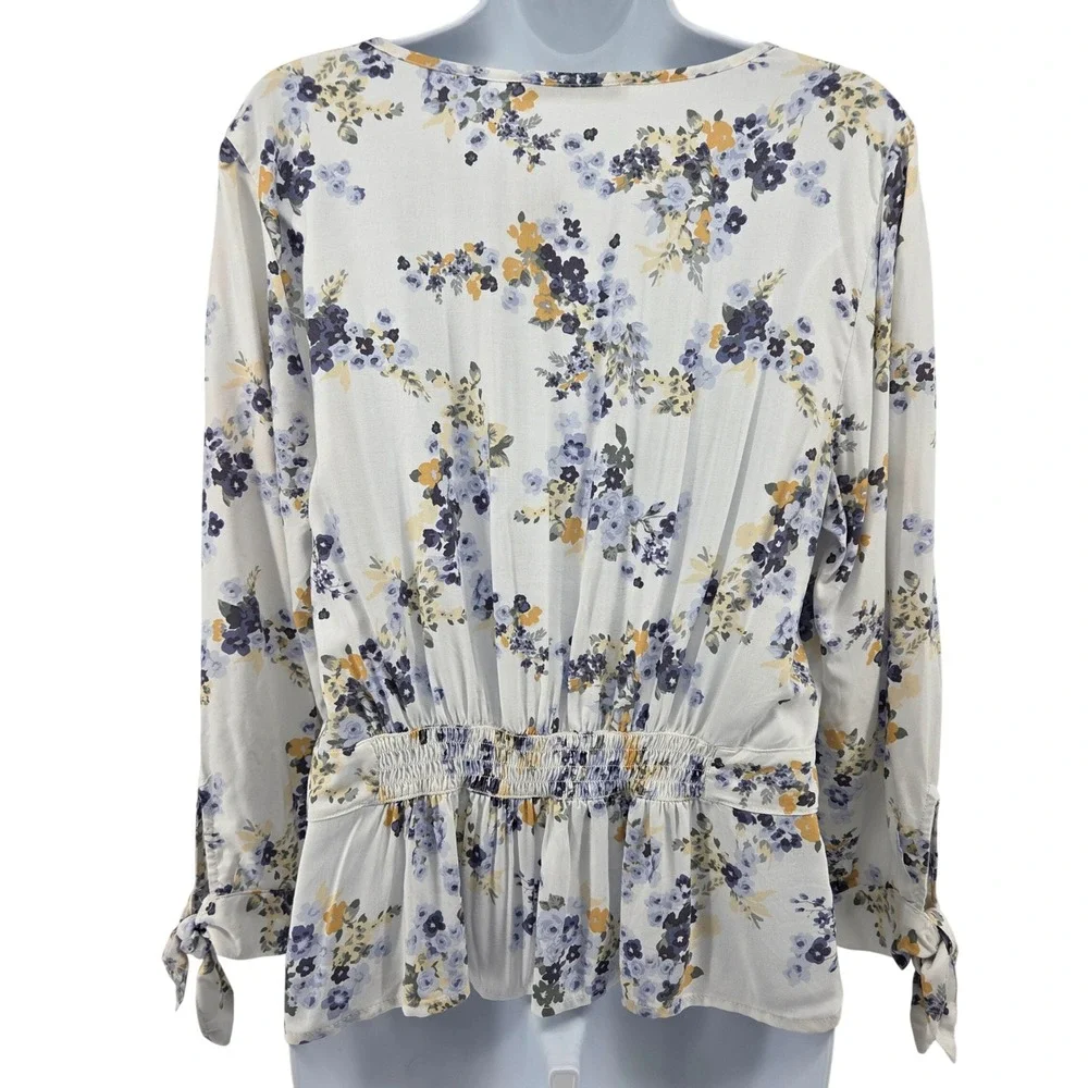 Abercrombie & Fitch Floral V-Neck Button Front Peplum‎ Top White Blue Boho L